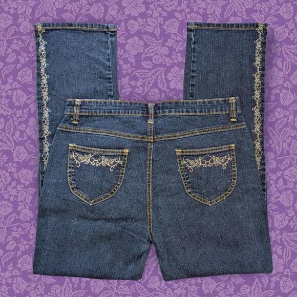 2000s Jean Bay Mid-Wash Embroidered Floral Straight Leg Jeans | Size 10 - Picture 3 of 5